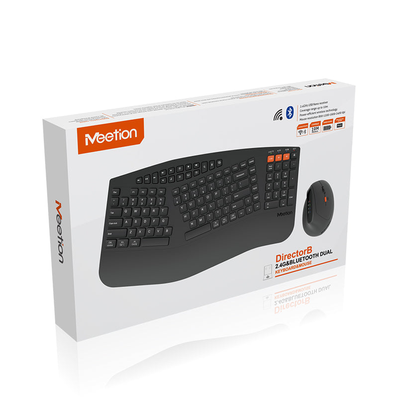 MEETION DirectorB 2025 Teclado y mouse ergonómicos mejorados, teclado y mouse Bluetooth para múltiples dispositivos, teclado y mouse inalámbricos de tamaño completo ajustables de 4 DPI, para PC/computadora/computadora portátil/ventana