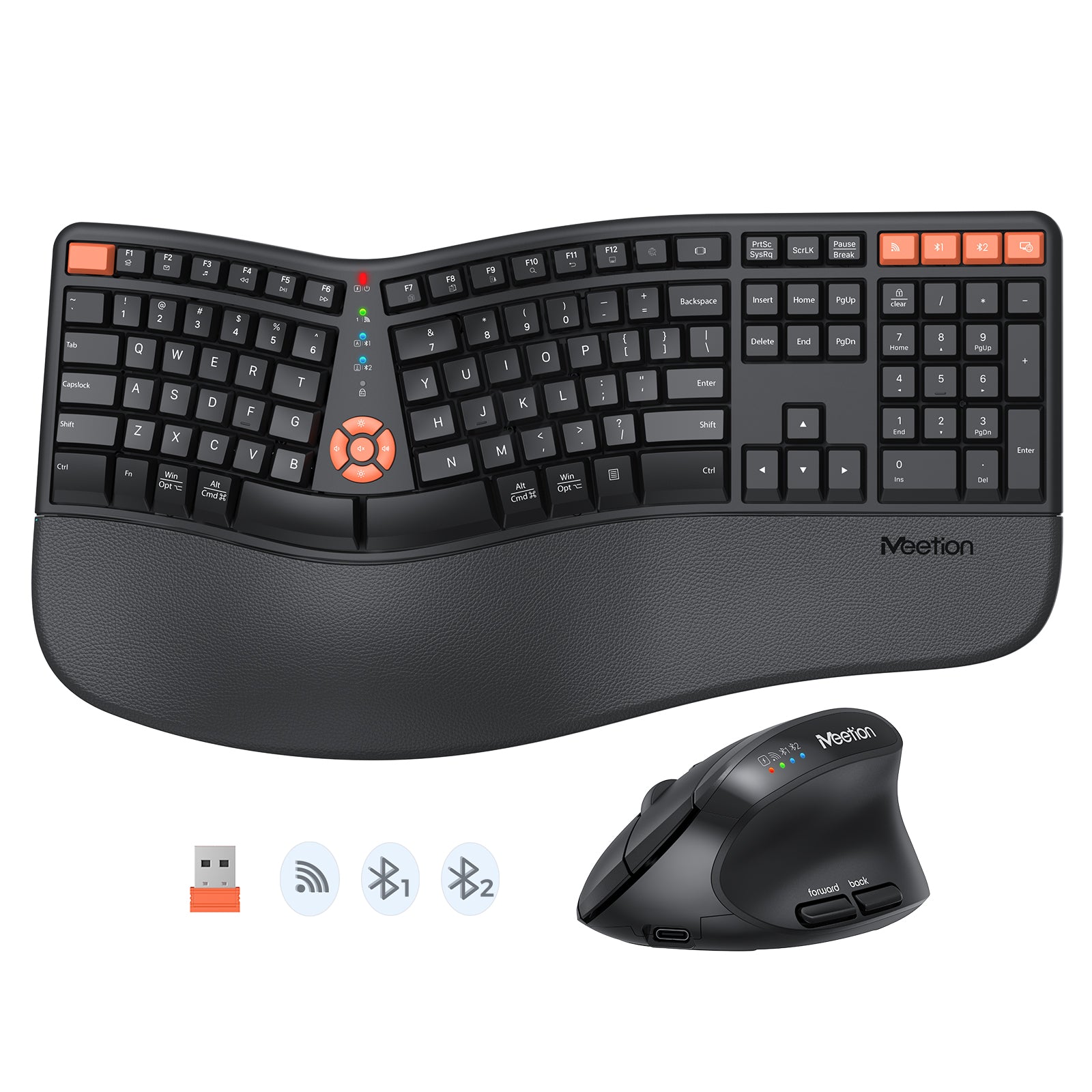 MEETION DirectorC2 Ergonomische kabellose Tastatur und Maus, Ergo-Tastatur mit vertikaler Maus, Split-Arch-Tastatur mit gepolsterter Handballenauflage, natürliches Tippen, wiederaufladbar, volle Größe, Windows/Mac/Computer/Laptop