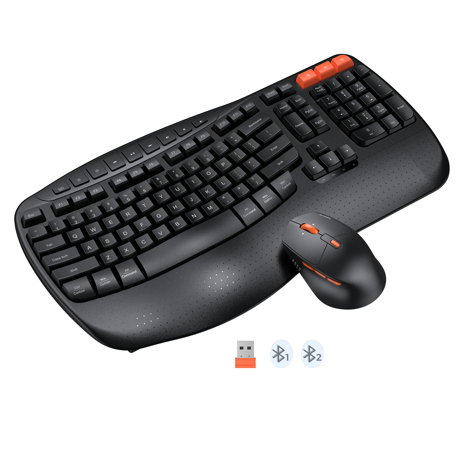 MEETION DirectorD Wave Teclado y mouse ergonómicos inalámbricos, teclado Wave Ergo USB/Bluetooth con reposamuñecas, rueda giratoria ajustable de 4 DPI, mouse inalámbrico silencioso recargable para Windows/Mac/Android