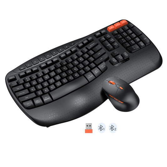 MEETION DirectorD Wave Teclado y mouse ergonómicos inalámbricos, teclado Wave Ergo USB/Bluetooth con reposamuñecas, rueda giratoria ajustable de 4 DPI, mouse inalámbrico silencioso recargable para Windows/Mac/Android