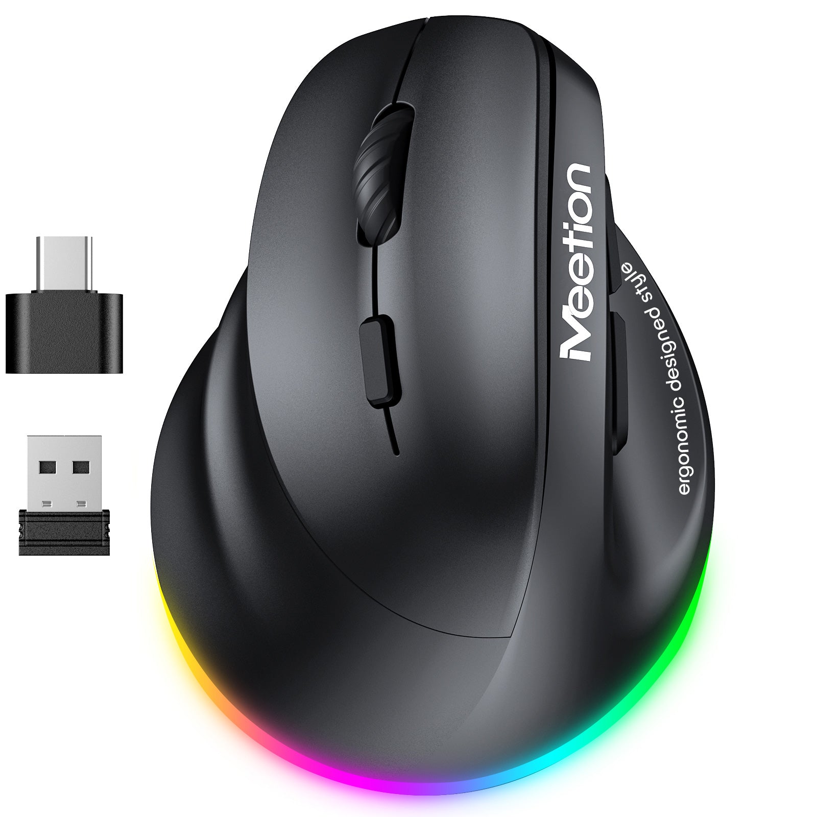 MEETION Ratón ergonómico para zurdos BTM010L, ratón vertical inalámbrico retroiluminado RGB recargable para Bluetooth (5.2 + 3.0) y USB-A con adaptador USB-C 4 DPI ajustables para Mac/Windows/Android/PC/Tablet/iPad