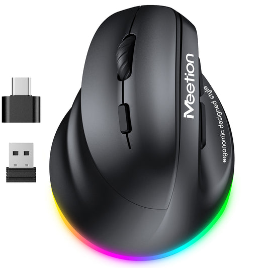 MEETION Left-handed Ergonomic Mouse BTM010L, Wireless Vertical Mouse RGB Backlit Rechargeable Mice for Bluetooth(5.2 + 3.0) & USB-A with USB-C Adapter 4 Adjustable DPI for Mac/Windows/Andriod/PC/Tablet/iPad