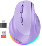 MEETION Ratón ergonómico para zurdos BTM010L, ratón vertical inalámbrico retroiluminado RGB recargable para Bluetooth (5.2 + 3.0) y USB-A con adaptador USB-C 4 DPI ajustables para Mac/Windows/Android/PC/Tablet/iPad