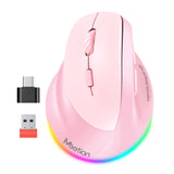 MEETION Ratón ergonómico para zurdos BTM010L, ratón vertical inalámbrico retroiluminado RGB recargable para Bluetooth (5.2 + 3.0) y USB-A con adaptador USB-C 4 DPI ajustables para Mac/Windows/Android/PC/Tablet/iPad