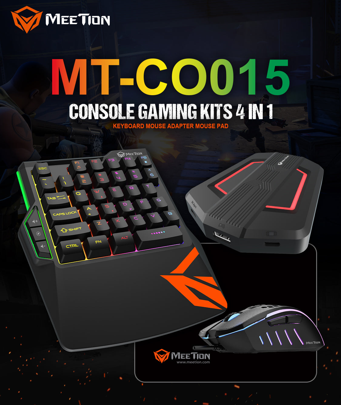 MEETION Ultimate 4-in-1 Console Gaming Kit – CO015 | Pro-Level Gaming Setup RGB circulation Backlight, 6400DPI Ergonomic keycaps, rainbow backlight For P3 / P4 / N-Switch / X-ONE / X-360