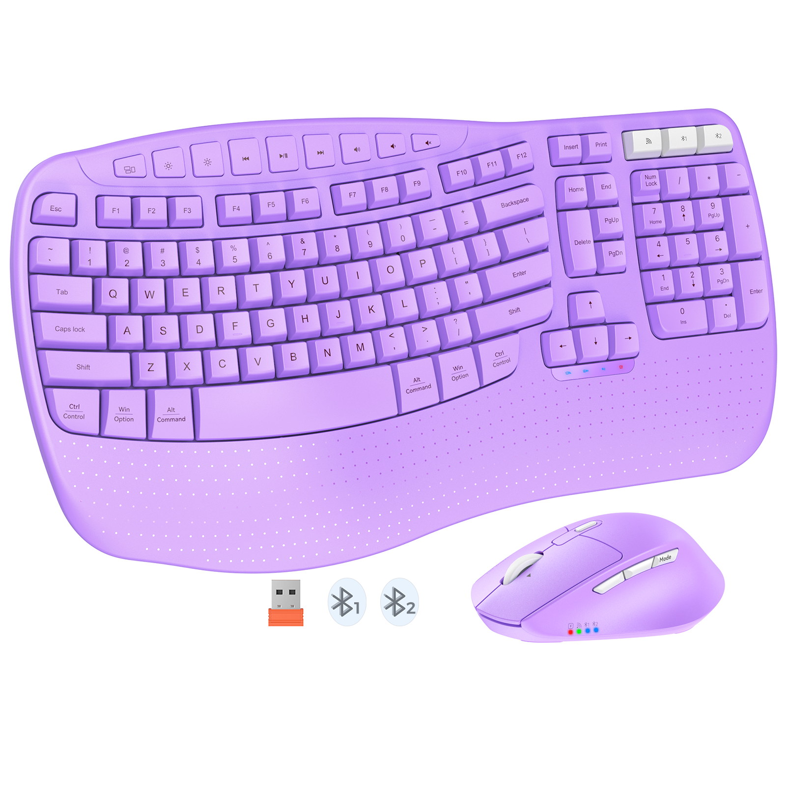 MEETION DirectorD Wave Teclado y mouse ergonómicos inalámbricos, teclado Wave Ergo USB/Bluetooth con reposamuñecas, rueda giratoria ajustable de 4 DPI, mouse inalámbrico silencioso recargable para Windows/Mac/Android