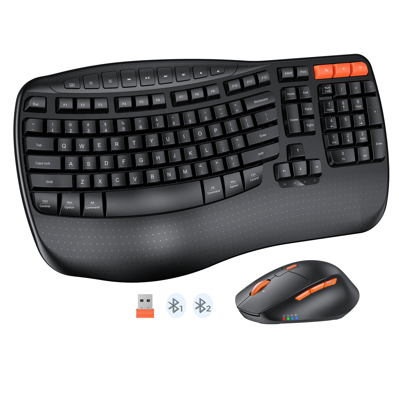 MEETION DirectorD Wave Teclado y mouse ergonómicos inalámbricos, teclado Wave Ergo USB/Bluetooth con reposamuñecas, rueda giratoria ajustable de 4 DPI, mouse inalámbrico silencioso recargable para Windows/Mac/Android