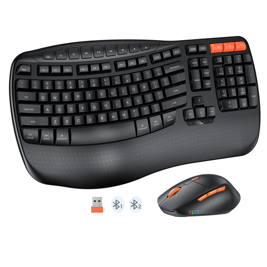 MEETION DirectorD Wave Teclado y mouse ergonómicos inalámbricos, teclado Wave Ergo USB/Bluetooth con reposamuñecas, rueda giratoria ajustable de 4 DPI, mouse inalámbrico silencioso recargable para Windows/Mac/Android