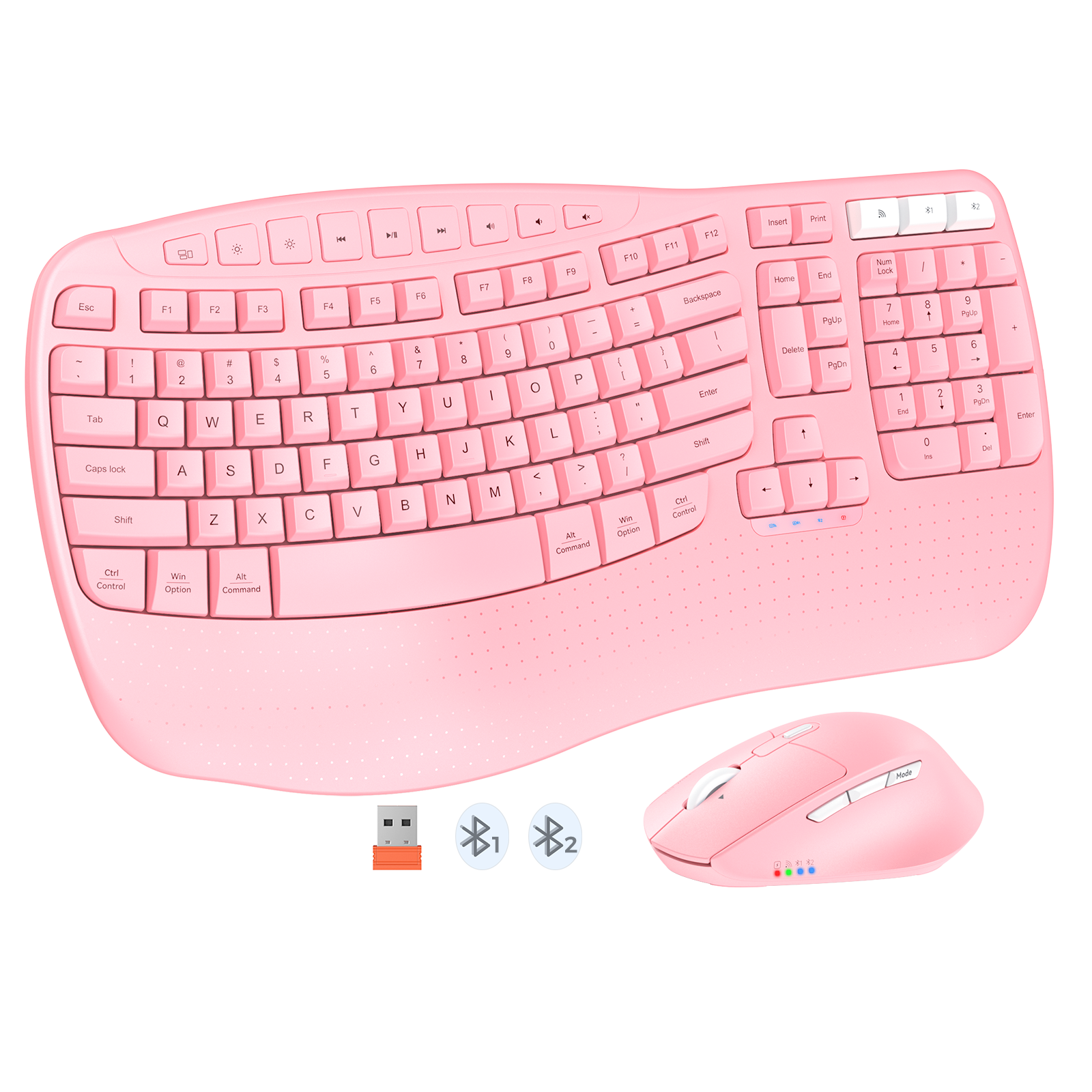 MEETION DirectorD Wave Teclado y mouse ergonómicos inalámbricos, teclado Wave Ergo USB/Bluetooth con reposamuñecas, rueda giratoria ajustable de 4 DPI, mouse inalámbrico silencioso recargable para Windows/Mac/Android