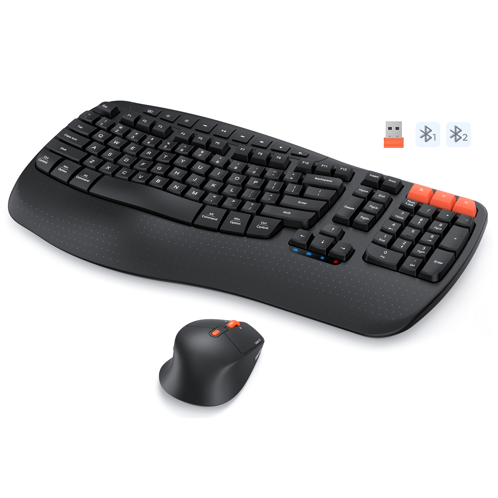 MEETION DirectorD Wave Teclado y mouse ergonómicos inalámbricos, teclado Wave Ergo USB/Bluetooth con reposamuñecas, rueda giratoria ajustable de 4 DPI, mouse inalámbrico silencioso recargable para Windows/Mac/Android