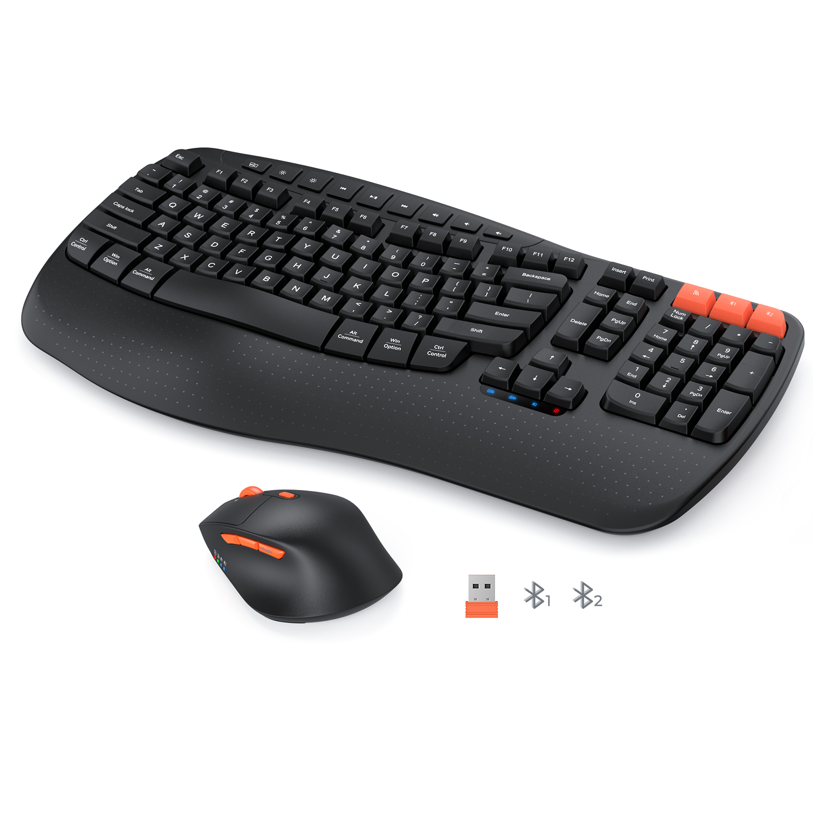 MEETION DirectorD Wave Teclado y mouse ergonómicos inalámbricos, teclado Wave Ergo USB/Bluetooth con reposamuñecas, rueda giratoria ajustable de 4 DPI, mouse inalámbrico silencioso recargable para Windows/Mac/Android