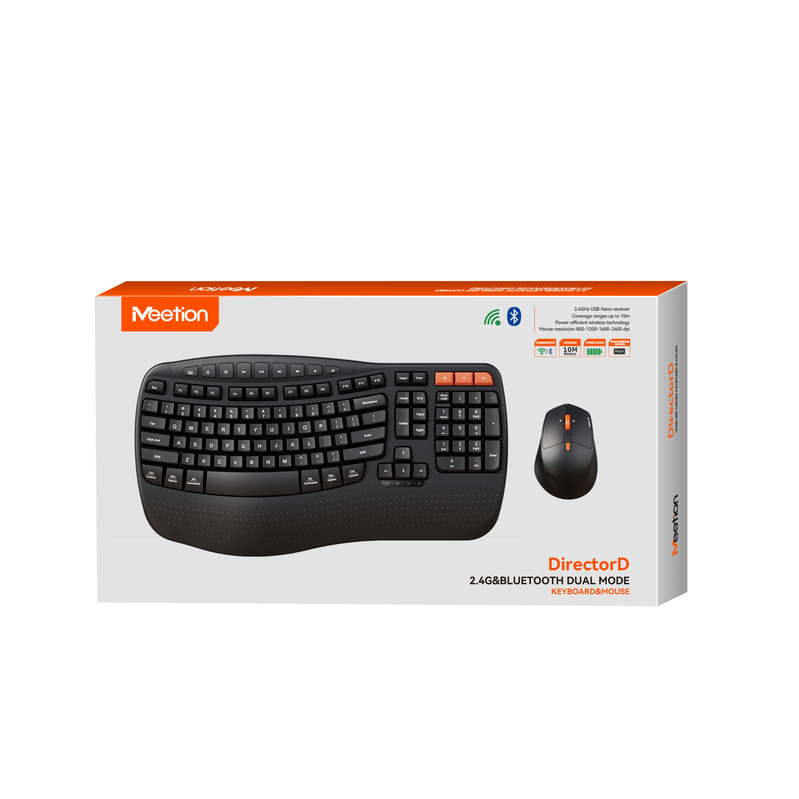 MEETION DirectorD Wave Teclado y mouse ergonómicos inalámbricos, teclado Wave Ergo USB/Bluetooth con reposamuñecas, rueda giratoria ajustable de 4 DPI, mouse inalámbrico silencioso recargable para Windows/Mac/Android