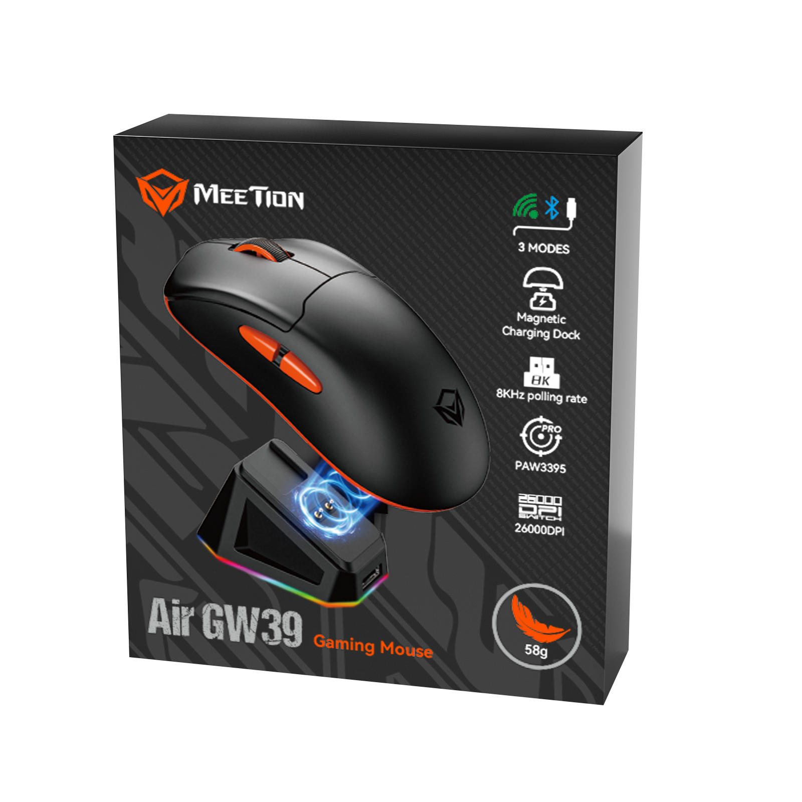 MEETION AIR- GW39 3-Mode Wireless Gaming Mouse, 49G Ultra-Light 26K DPI Mouse w/Ergonomic Natural Grip Build, Full Programmable Buttons, Software Supports DIY Keybinds & DPI