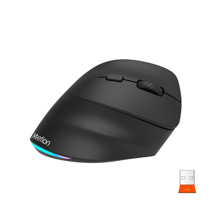 MEETION Rechtshänder-Maus BTM010R, ergonomische Maus, kabellose vertikale Maus, RGB-Hintergrundbeleuchtung, wiederaufladbare Mäuse für Bluetooth (5.2 + 3.0) und USB-A mit USB-C-Adapter, 4 einstellbare DPI für Mac/Windows/Android/PC/Tablet/iPad