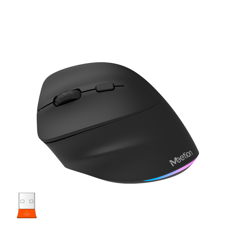 MEETION Ergonomische Maus für Linkshänder BTM010L, kabellose vertikale Maus mit RGB-Hintergrundbeleuchtung, wiederaufladbare Mäuse für Bluetooth (5.2 + 3.0) und USB-A mit USB-C-Adapter, 4 einstellbare DPI für Mac/Windows/Android/PC/Tablet/iPad