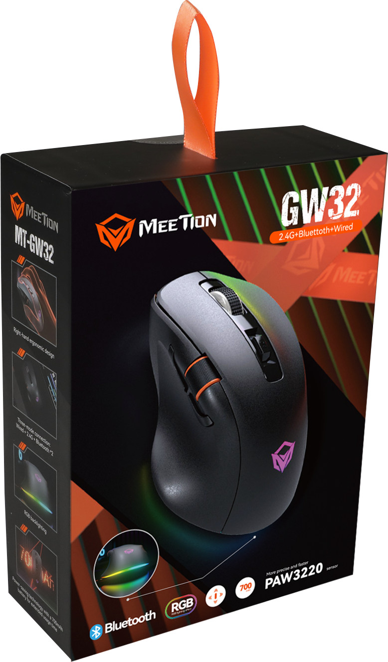 Mouse inalámbrico para juegos MEETION GW32 de 3 modos, mouse ultraliviano de 8K DPI con agarre natural ergonómico, iluminación RGB, botones totalmente programables, software compatible con combinaciones de teclas y DPI