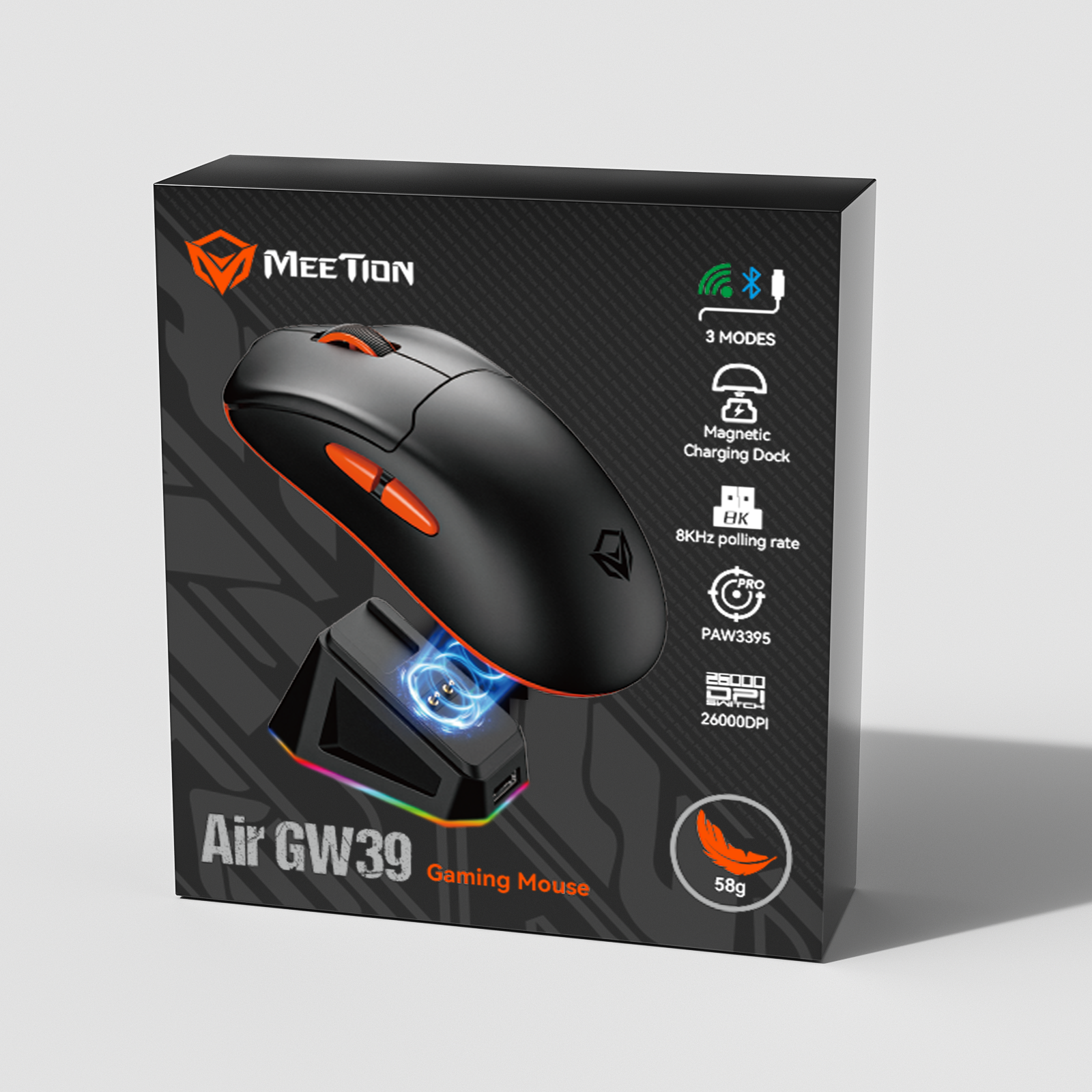 MEETION AIR- GW39 3-Mode Wireless Gaming Mouse, 49G Ultra-Light 26K DPI Mouse w/Ergonomic Natural Grip Build, Full Programmable Buttons, Software Supports DIY Keybinds & DPI