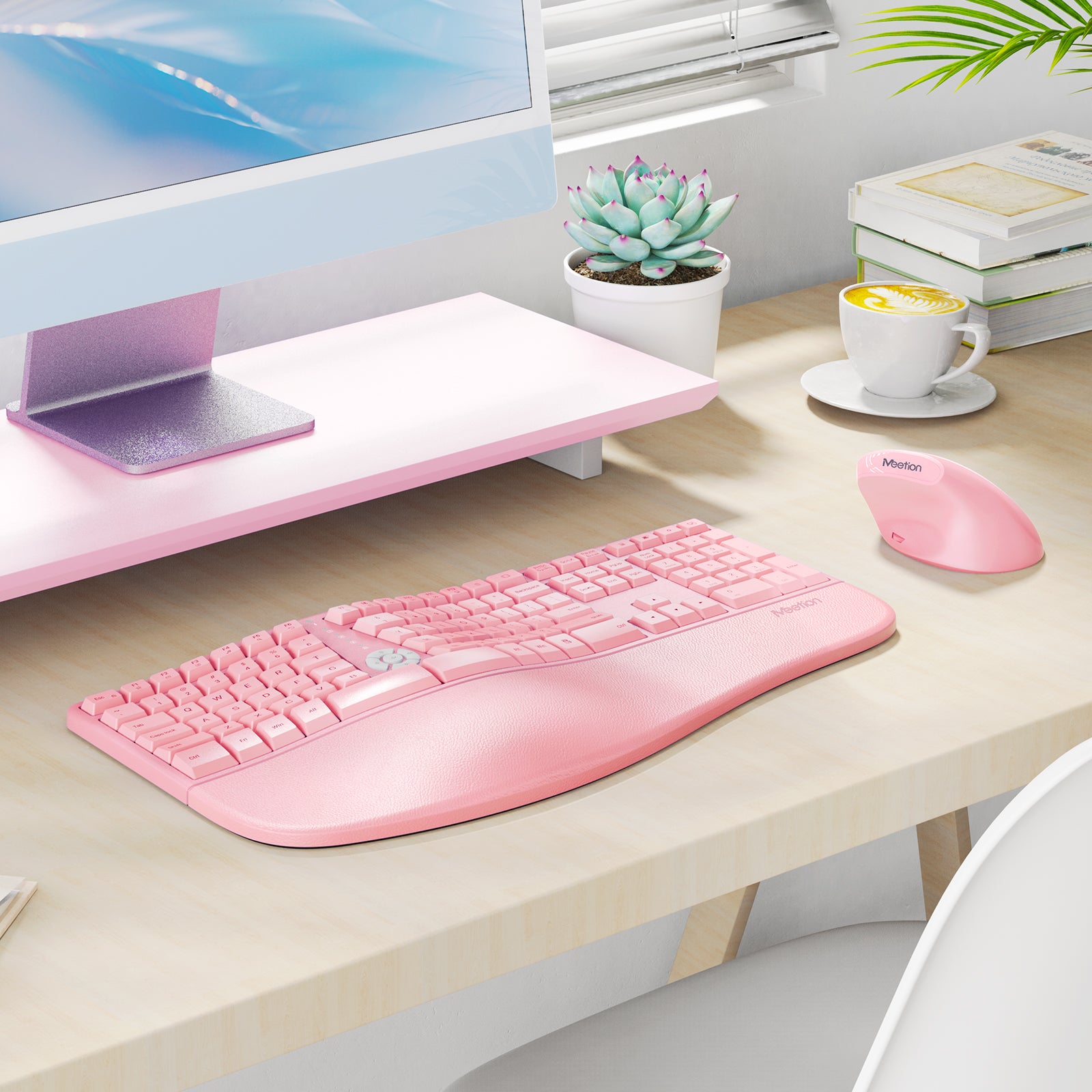 MEETION DirectorC Ergonomic Wireless Keyboard and Mouse, Ergo Keyboard with Vertical Mouse, Split Arch Keyboard with Cushioned Wrist Palm Rest, Natural Typing Rechargeable Full Size, Windows/Mac/Computer/Laptop