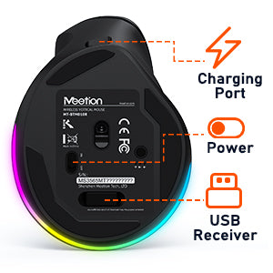 MEETION Ergonomische Maus für Linkshänder BTM010L, kabellose vertikale Maus mit RGB-Hintergrundbeleuchtung, wiederaufladbare Mäuse für Bluetooth (5.2 + 3.0) und USB-A mit USB-C-Adapter, 4 einstellbare DPI für Mac/Windows/Android/PC/Tablet/iPad