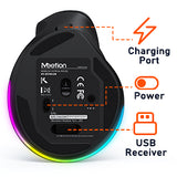 MEETION Ergonomische Maus für Linkshänder BTM010L, kabellose vertikale Maus mit RGB-Hintergrundbeleuchtung, wiederaufladbare Mäuse für Bluetooth (5.2 + 3.0) und USB-A mit USB-C-Adapter, 4 einstellbare DPI für Mac/Windows/Android/PC/Tablet/iPad