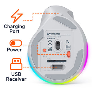 MEETION Rechtshänder-Maus BTM010R, ergonomische Maus, kabellose vertikale Maus, RGB-Hintergrundbeleuchtung, wiederaufladbare Mäuse für Bluetooth (5.2 + 3.0) und USB-A mit USB-C-Adapter, 4 einstellbare DPI für Mac/Windows/Android/PC/Tablet/iPad