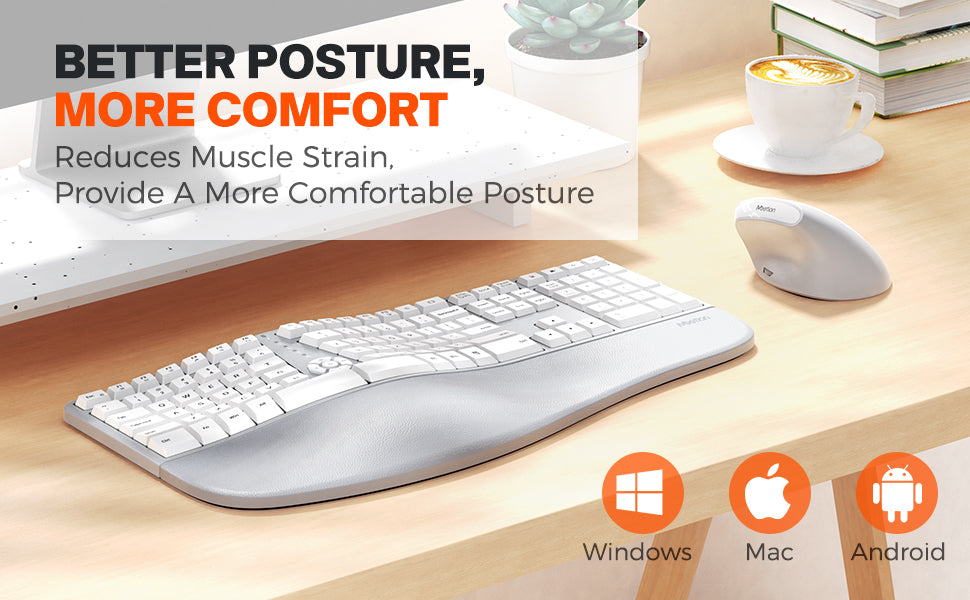 MEETION DirectorC Ergonomic Wireless Keyboard and Mouse, Ergo Keyboard with Vertical Mouse, Split Arch Keyboard with Cushioned Wrist Palm Rest, Natural Typing Rechargeable Full Size, Windows/Mac/Computer/Laptop