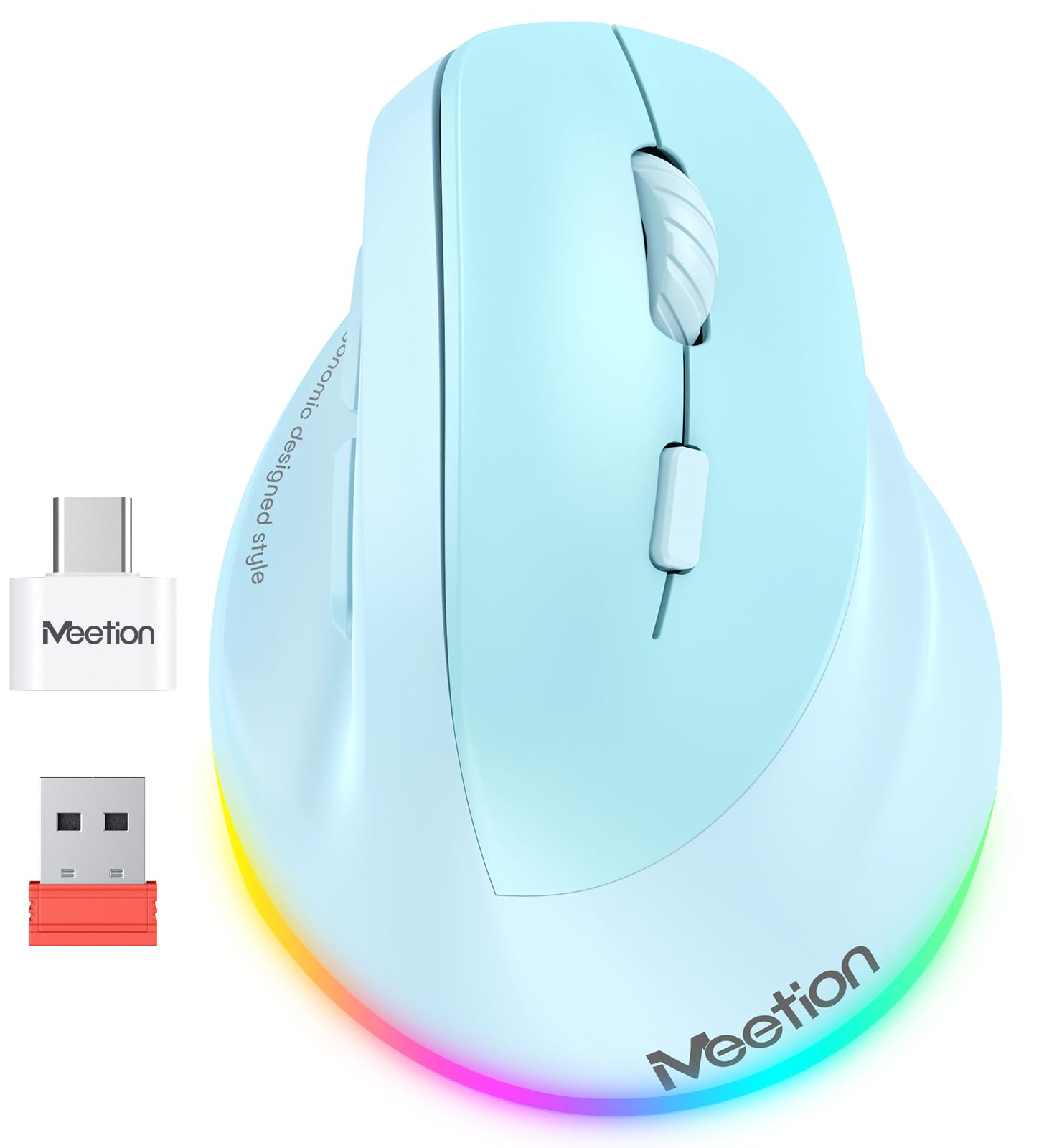 MEETION Right-handed BTM010R Ergonomic Mouse, Wireless Vertical Mouse RGB Backlit Rechargeable Mice for Bluetooth(5.2 + 3.0) & USB-A with USB-C Adapter 4 Adjustable DPI for Mac/Windows/Android/PC/Tablet/iPad