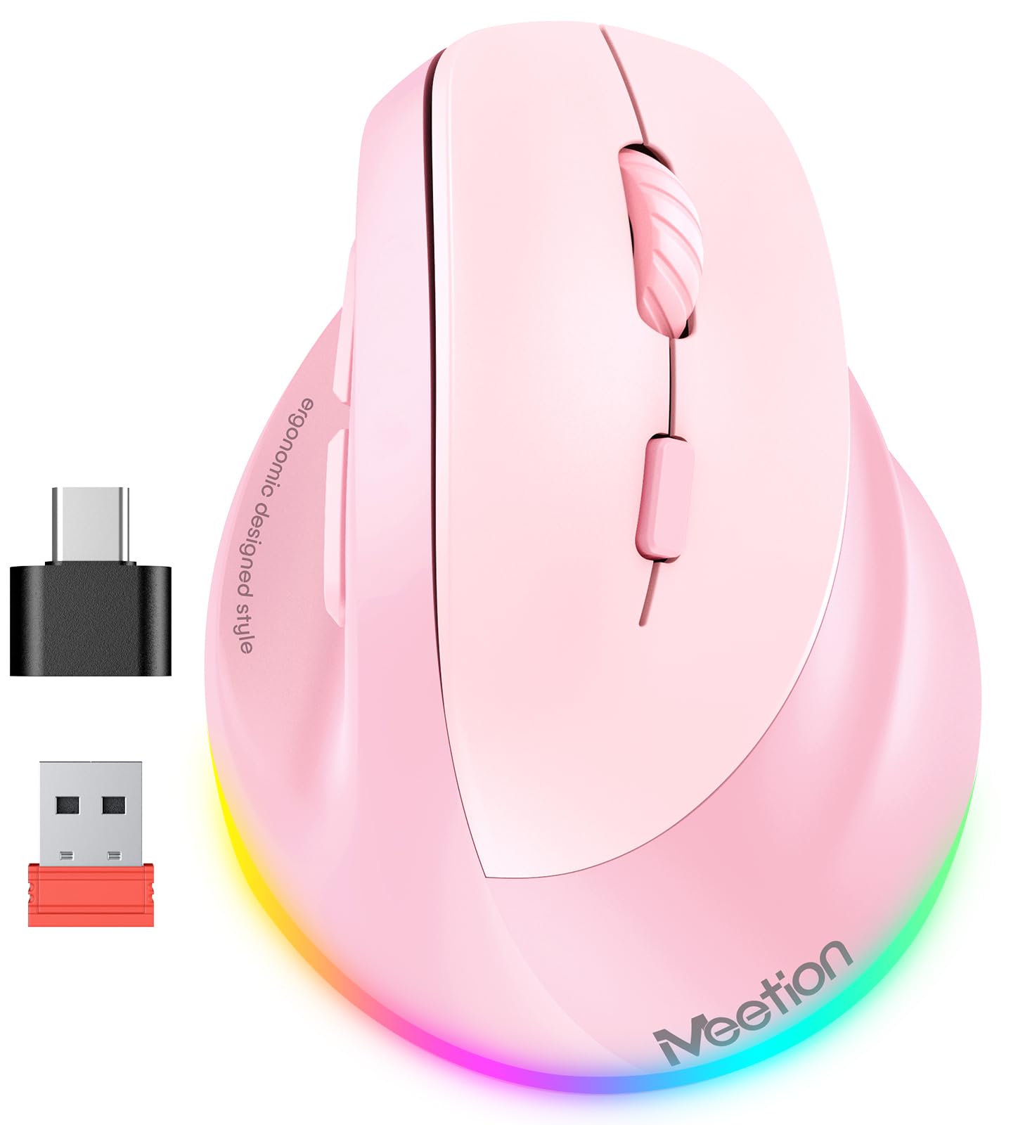 MEETION Ratón ergonómico para diestros BTM010R, ratón vertical inalámbrico con retroiluminación RGB, recargable, para Bluetooth (5.2 + 3.0) y USB-A con adaptador USB-C, 4 DPI ajustables para Mac/Windows/Android/PC/Tablet/iPad