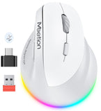 MEETION Right-handed BTM010R Ergonomic Mouse, Wireless Vertical Mouse RGB Backlit Rechargeable Mice for Bluetooth(5.2 + 3.0) & USB-A with USB-C Adapter 4 Adjustable DPI for Mac/Windows/Android/PC/Tablet/iPad