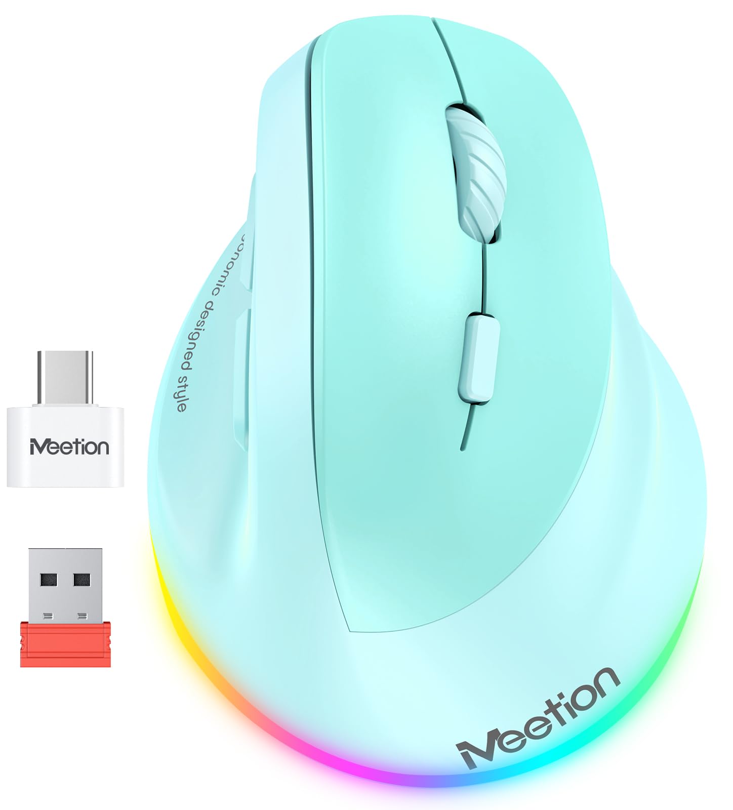 MEETION Rechtshänder-Maus BTM010R, ergonomische Maus, kabellose vertikale Maus, RGB-Hintergrundbeleuchtung, wiederaufladbare Mäuse für Bluetooth (5.2 + 3.0) und USB-A mit USB-C-Adapter, 4 einstellbare DPI für Mac/Windows/Android/PC/Tablet/iPad