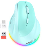 MEETION Right-handed BTM010R Ergonomic Mouse, Wireless Vertical Mouse RGB Backlit Rechargeable Mice for Bluetooth(5.2 + 3.0) & USB-A with USB-C Adapter 4 Adjustable DPI for Mac/Windows/Android/PC/Tablet/iPad