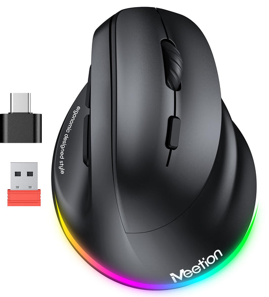 MEETION Right-handed BTM010R Ergonomic Mouse, Wireless Vertical Mouse RGB Backlit Rechargeable Mice for Bluetooth(5.2 + 3.0) & USB-A with USB-C Adapter 4 Adjustable DPI for Mac/Windows/Android/PC/Tablet/iPad