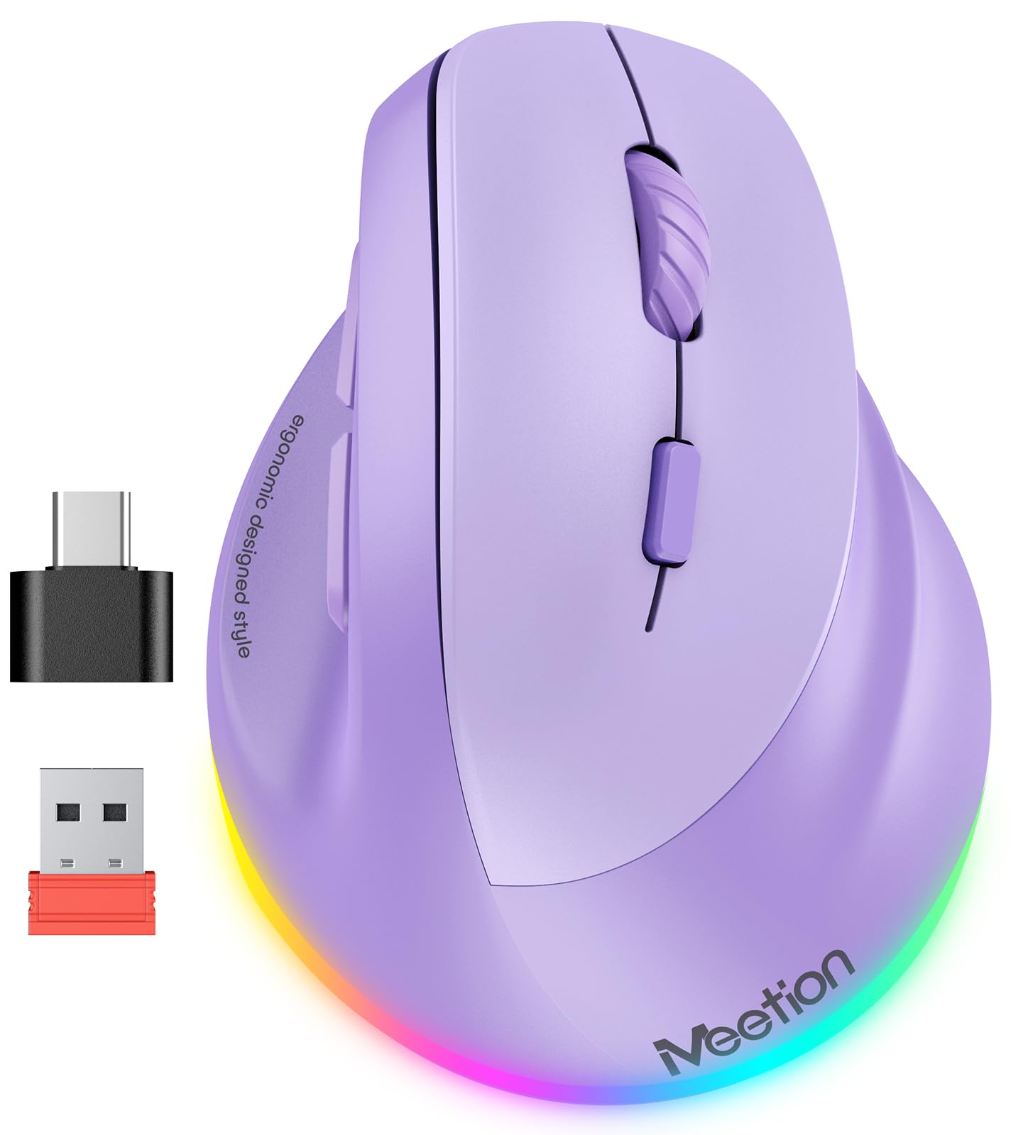 MEETION Ratón ergonómico para diestros BTM010R, ratón vertical inalámbrico con retroiluminación RGB, recargable, para Bluetooth (5.2 + 3.0) y USB-A con adaptador USB-C, 4 DPI ajustables para Mac/Windows/Android/PC/Tablet/iPad